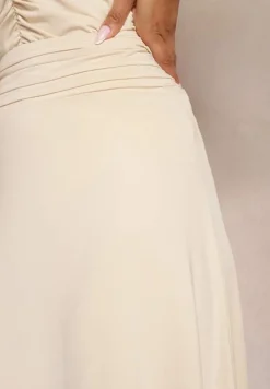Beżowa Rozkloszowana Spódnica High Waist z Marszczeniem w Pasie Nolisea