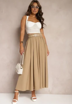 Beżowa Rozkloszowana Spódnica z Szerokimi Plisami i Paskiem z Ekoskóry Awhisa