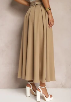 Beżowa Rozkloszowana Spódnica z Szerokimi Plisami i Paskiem z Ekoskóry Awhisa