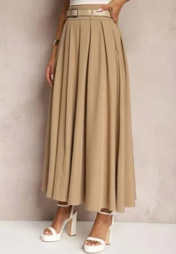 Beżowa Rozkloszowana Spódnica z Szerokimi Plisami i Paskiem z Ekoskóry Awhisa