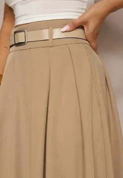 Beżowa Rozkloszowana Spódnica z Szerokimi Plisami i Paskiem z Ekoskóry Awhisa