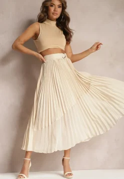 Beżowa Rozkloszowana Spódnica Maxi z Plisowanej Tkaniny z Paskiem ze Sprzączką Zamina