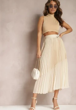 Beżowa Rozkloszowana Spódnica Maxi z Plisowanej Tkaniny z Paskiem ze Sprzączką Zamina