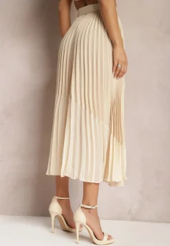 Beżowa Rozkloszowana Spódnica Maxi z Plisowanej Tkaniny z Paskiem ze Sprzączką Zamina