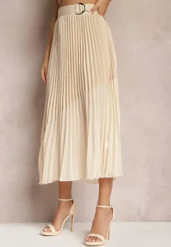 Beżowa Rozkloszowana Spódnica Maxi z Plisowanej Tkaniny z Paskiem ze Sprzączką Zamina