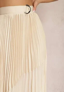 Beżowa Rozkloszowana Spódnica Maxi z Plisowanej Tkaniny z Paskiem ze Sprzączką Zamina