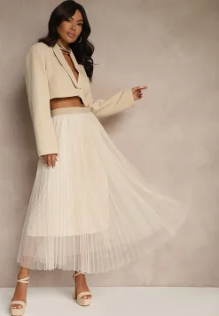 Beżowa Rozkloszowana Spódnica z Tiulu w Kropki Folemia