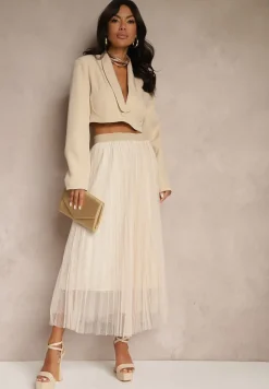 Beżowa Rozkloszowana Spódnica z Tiulu w Kropki Folemia