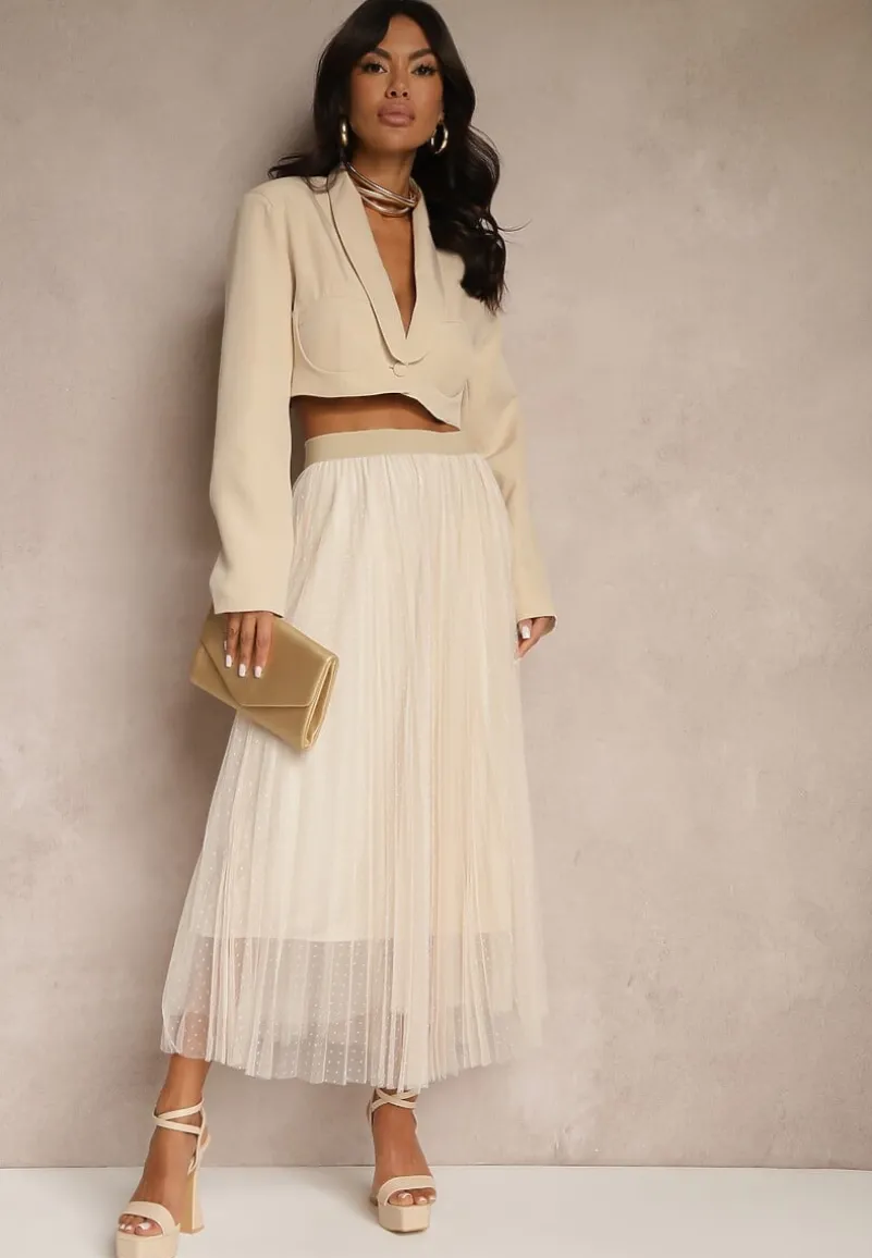 Beżowa Rozkloszowana Spódnica z Tiulu w Kropki Folemia