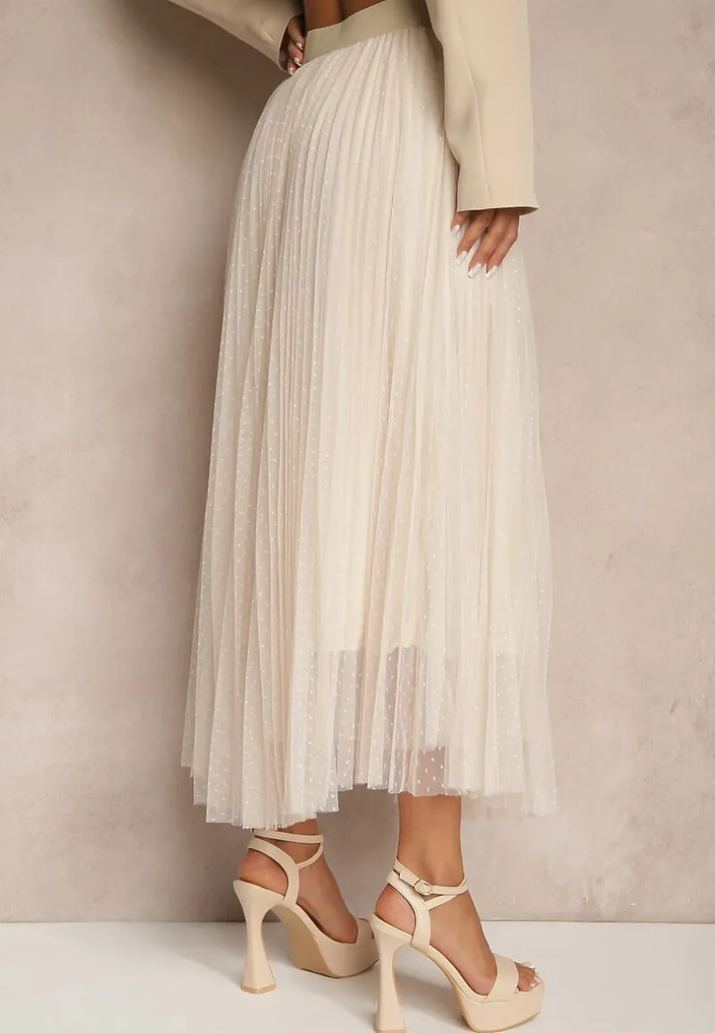 Beżowa Rozkloszowana Spódnica z Tiulu w Kropki Folemia