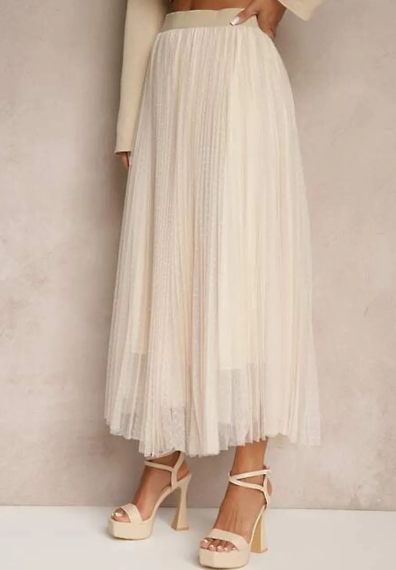 Beżowa Rozkloszowana Spódnica z Tiulu w Kropki Folemia