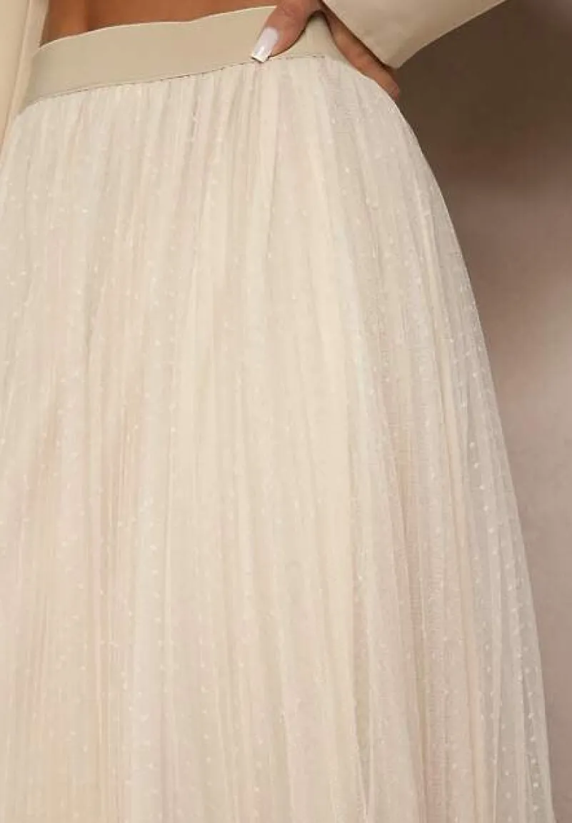 Beżowa Rozkloszowana Spódnica z Tiulu w Kropki Folemia