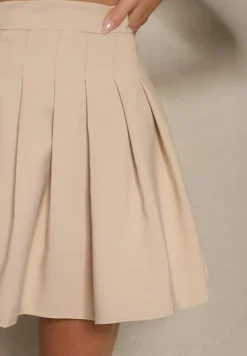 Beżowa Rozkloszowana Spódnica Mini z Zakładkami Plainnet