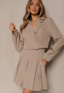 Beżowa Rozkloszowana Spódnica z Plisami Zdobiona Subtelnym Wzorem w Paski Redamira