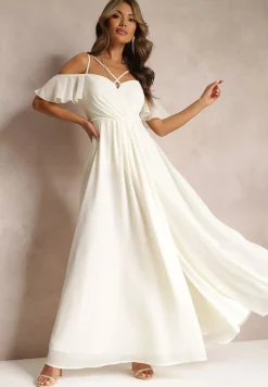 Beżowa Rozkloszowana Sukienka Maxi o Kopertowym Fasonie na Cienkich Ramiączkach Burwena