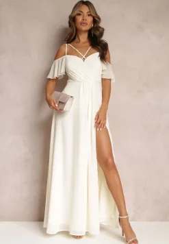 Beżowa Rozkloszowana Sukienka Maxi o Kopertowym Fasonie na Cienkich Ramiączkach Burwena