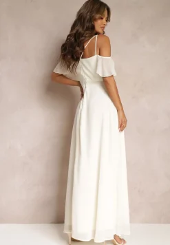 Beżowa Rozkloszowana Sukienka Maxi o Kopertowym Fasonie na Cienkich Ramiączkach Burwena