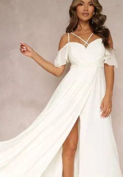 Beżowa Rozkloszowana Sukienka Maxi o Kopertowym Fasonie na Cienkich Ramiączkach Burwena