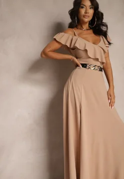 Beżowa Rozkloszowana Sukienka Typu Hiszpanka na Ramiączkach z Rozcięciem Neroli