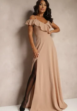 Beżowa Rozkloszowana Sukienka Typu Hiszpanka na Ramiączkach z Rozcięciem Neroli