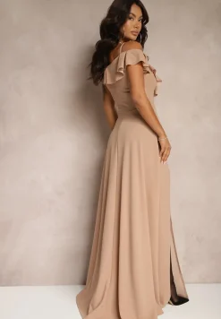 Beżowa Rozkloszowana Sukienka Typu Hiszpanka na Ramiączkach z Rozcięciem Neroli