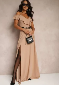 Beżowa Rozkloszowana Sukienka Typu Hiszpanka na Ramiączkach z Rozcięciem Neroli