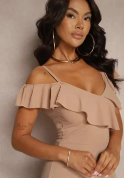 Beżowa Rozkloszowana Sukienka Typu Hiszpanka na Ramiączkach z Rozcięciem Neroli