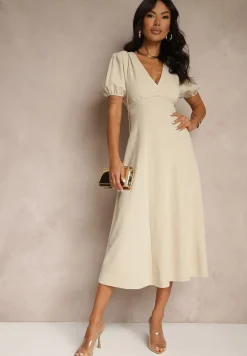 Beżowa Rozkloszowana Sukienka Koktajlowa Ozdobiona Wiązaniem Ziverine