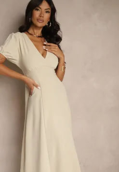 Beżowa Rozkloszowana Sukienka Koktajlowa Ozdobiona Wiązaniem Ziverine