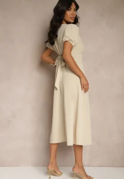 Beżowa Rozkloszowana Sukienka Koktajlowa Ozdobiona Wiązaniem Ziverine