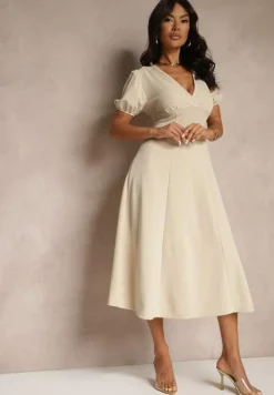 Beżowa Rozkloszowana Sukienka Koktajlowa Ozdobiona Wiązaniem Ziverine