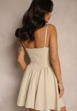 Beżowa Rozkloszowana Sukienka z Gorsetową Górą na Ramiączkach Leannith