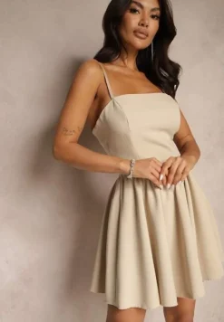 Beżowa Rozkloszowana Sukienka z Gorsetową Górą na Ramiączkach Leannith