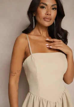 Beżowa Rozkloszowana Sukienka z Gorsetową Górą na Ramiączkach Leannith