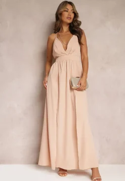 Beżowa Rozkloszowana Sukienka Maxi na Ramiączkach z Trójkątnym Dekoltem Claudi