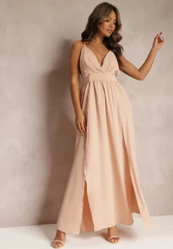 Beżowa Rozkloszowana Sukienka Maxi na Ramiączkach z Trójkątnym Dekoltem Claudi