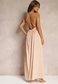 Beżowa Rozkloszowana Sukienka Maxi na Ramiączkach z Trójkątnym Dekoltem Claudi