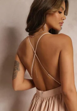 Beżowa Rozkloszowana Sukienka Maxi na Ramiączkach z Trójkątnym Dekoltem Claudi