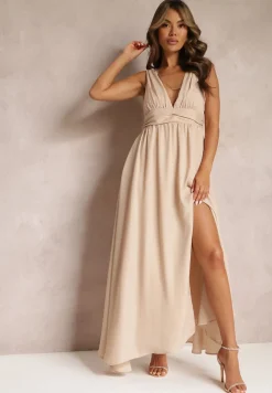 Beżowa Rozkloszowana Sukienka Maxi na Ramiączkach z Rozcięciem Ernames