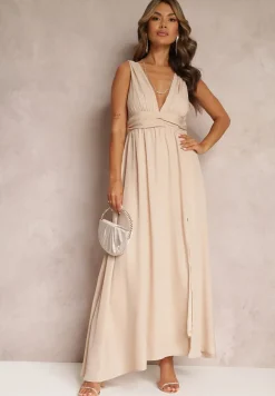 Beżowa Rozkloszowana Sukienka Maxi na Ramiączkach z Rozcięciem Ernames
