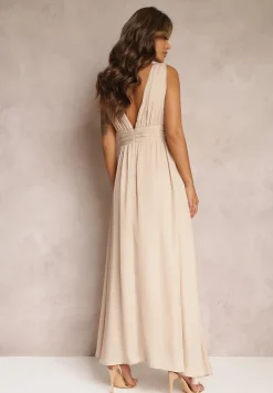Beżowa Rozkloszowana Sukienka Maxi na Ramiączkach z Rozcięciem Ernames