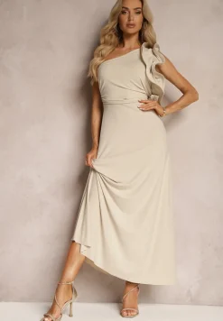 Beżowa Rozkloszowana Sukienka Asymetryczna z Dużymi Falbanami przy Ramionach Cevada