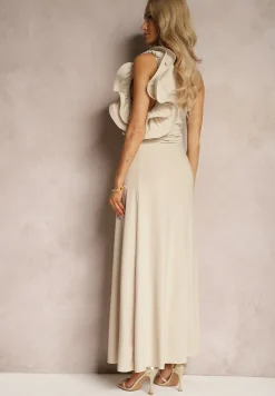 Beżowa Rozkloszowana Sukienka Asymetryczna z Dużymi Falbanami przy Ramionach Cevada