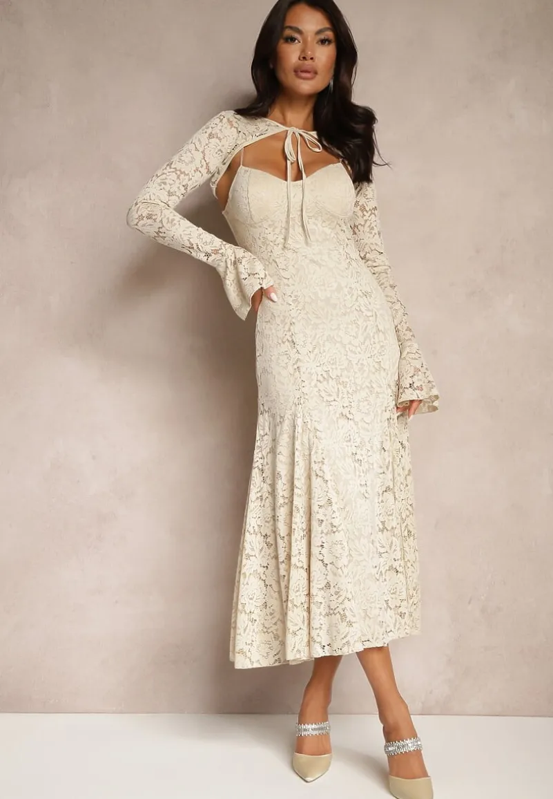 Beżowa Rozkloszowana Sukienka z Koronki z Dodatkowym Bolerkiem Gonavora