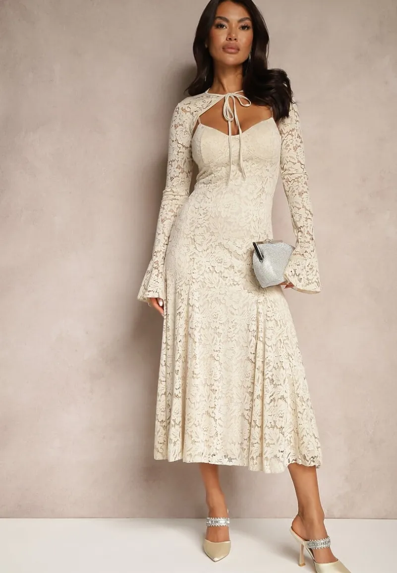 Beżowa Rozkloszowana Sukienka z Koronki z Dodatkowym Bolerkiem Gonavora