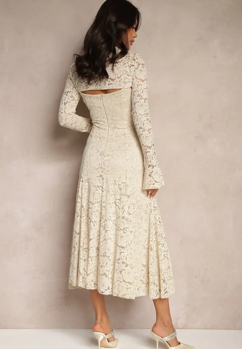 Beżowa Rozkloszowana Sukienka z Koronki z Dodatkowym Bolerkiem Gonavora