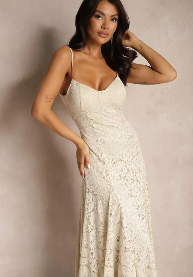 Beżowa Rozkloszowana Sukienka z Koronki z Dodatkowym Bolerkiem Gonavora