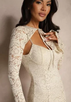 Beżowa Rozkloszowana Sukienka z Koronki z Dodatkowym Bolerkiem Gonavora