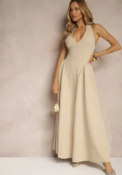 Beżowa Rozkloszowana Sukienka Halter z Wiązaniem i Odkrytymi Plecami Senicce