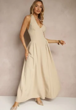 Beżowa Rozkloszowana Sukienka Halter z Wiązaniem i Odkrytymi Plecami Senicce